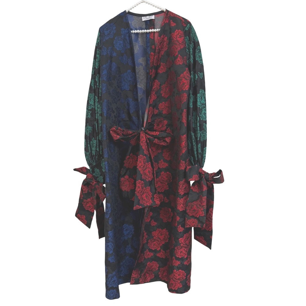 For Style Sake Color Block Rose Print Duster Tie Bell Sleeve Maxi Robe Kimono M